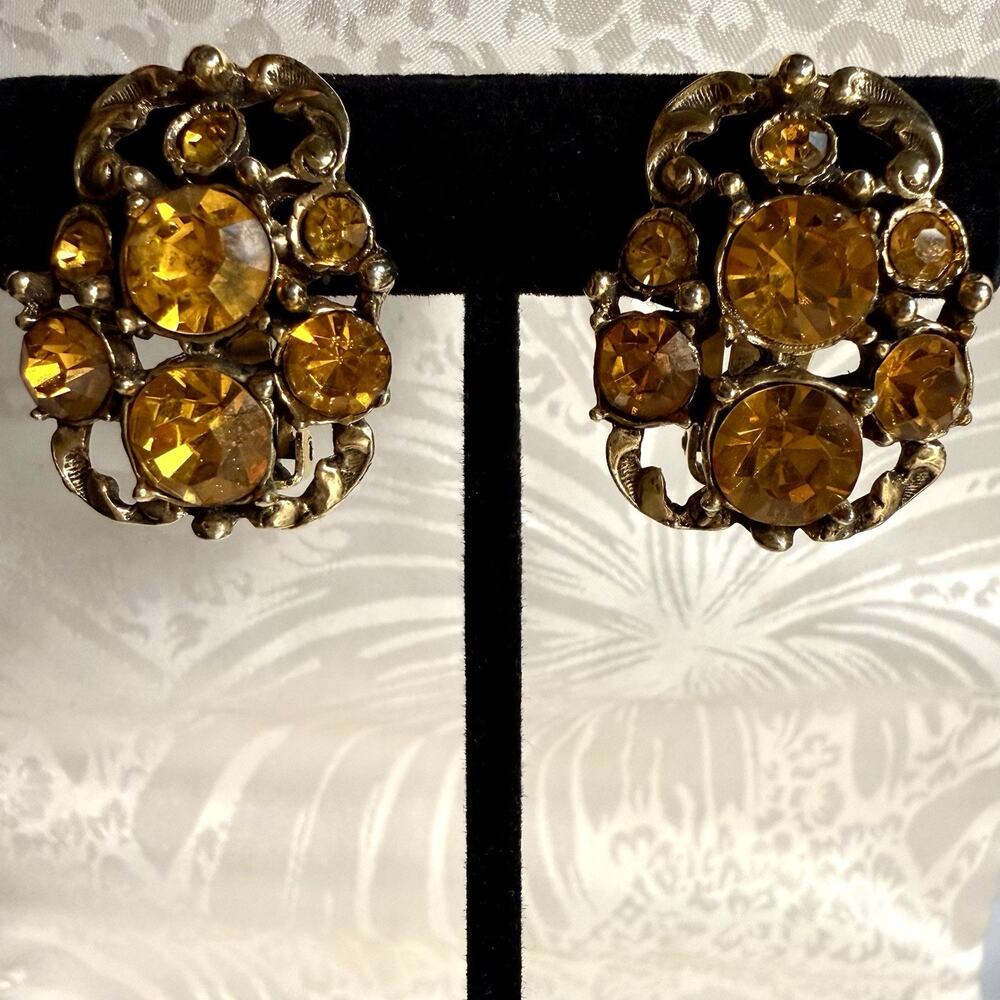 VTG Gold Tone Clip On Earrings Openwork Filigree Amber Yellow Faceted Rhinestone